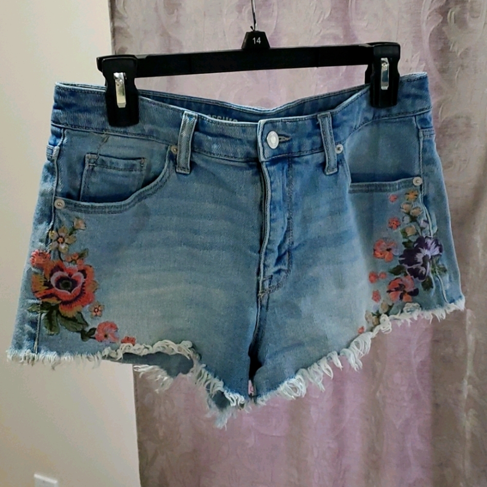 Mossimo Supply Co. Blue Jean Shorts with Floral Embroidery